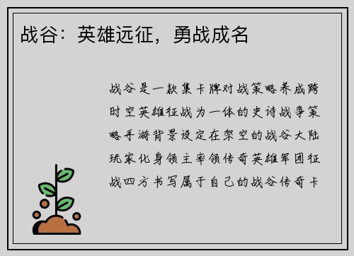 战谷：英雄远征，勇战成名